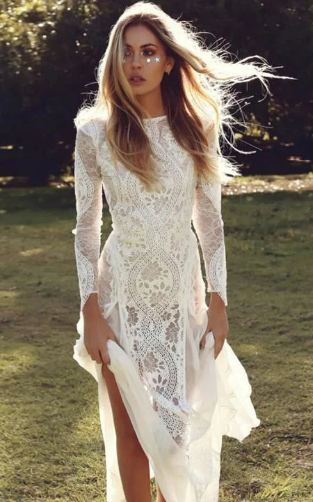 Boho Winter Langärmeliges Hochzeitskleid aus Spitze