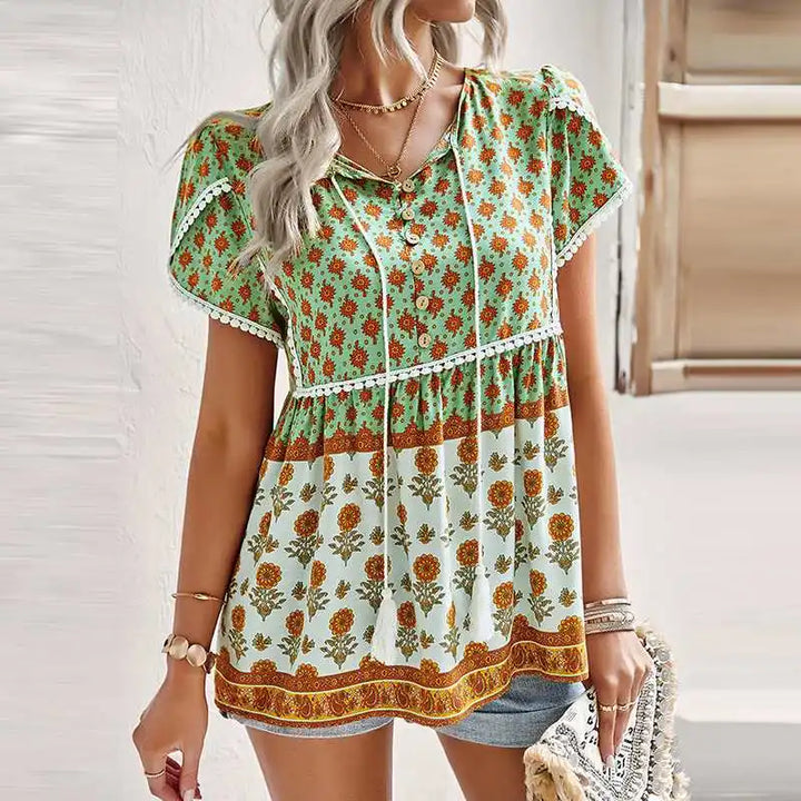 Bohemian Kurzarm-Blumen-Top