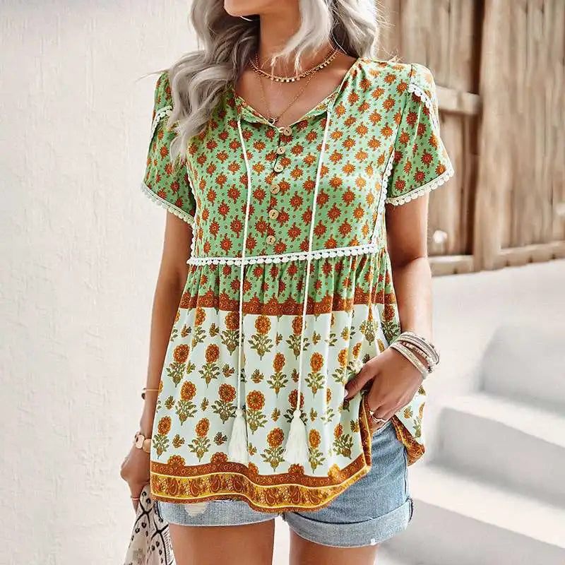 Bohemian Kurzarm-Blumen-Top