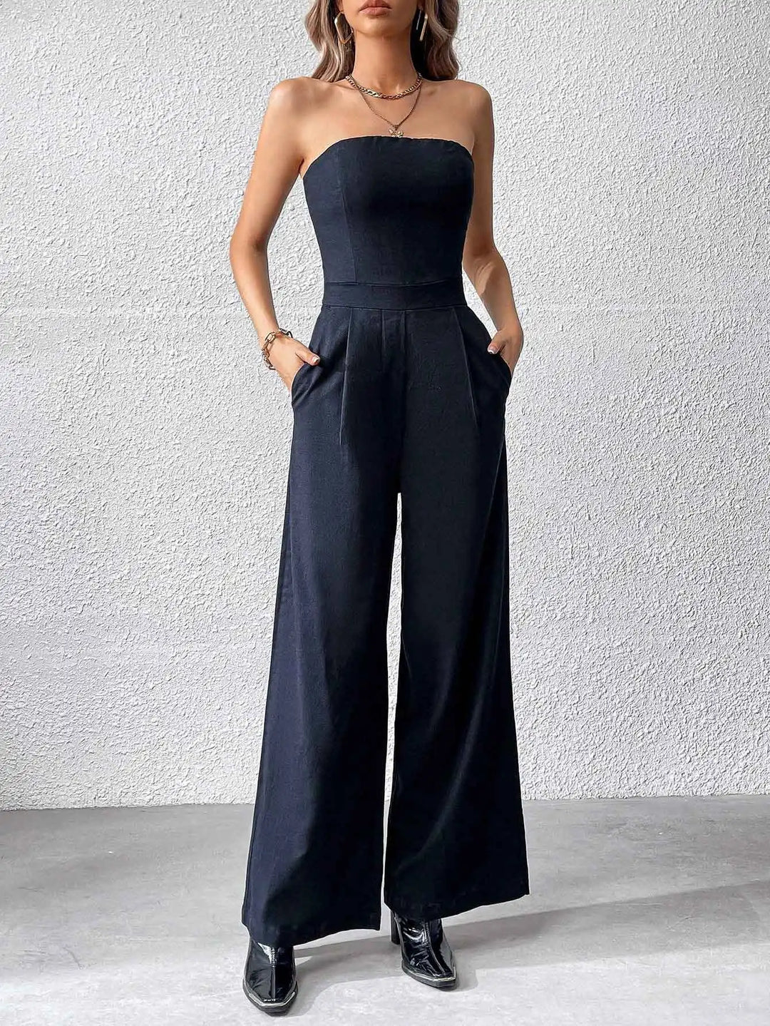 Herbst Trägerloser Schwarzer Jumpsuit