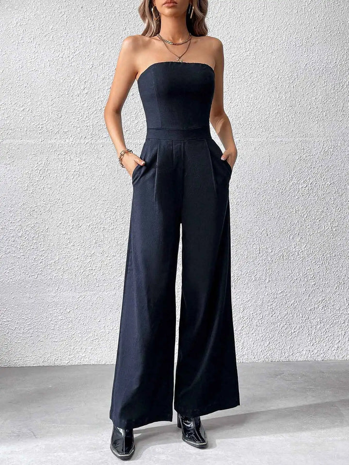 Herbst Trägerloser Schwarzer Jumpsuit