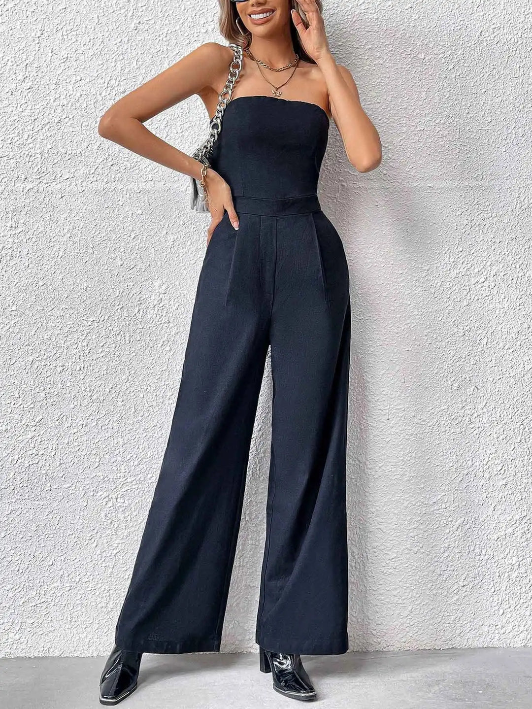 Herbst Trägerloser Schwarzer Jumpsuit