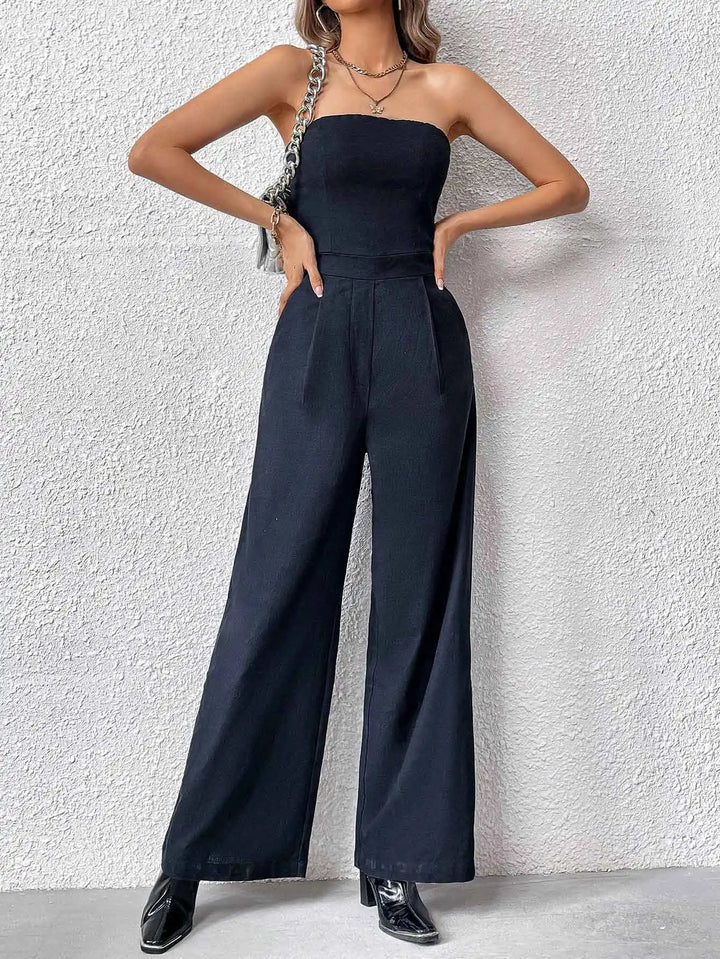 Herbst Trägerloser Schwarzer Jumpsuit