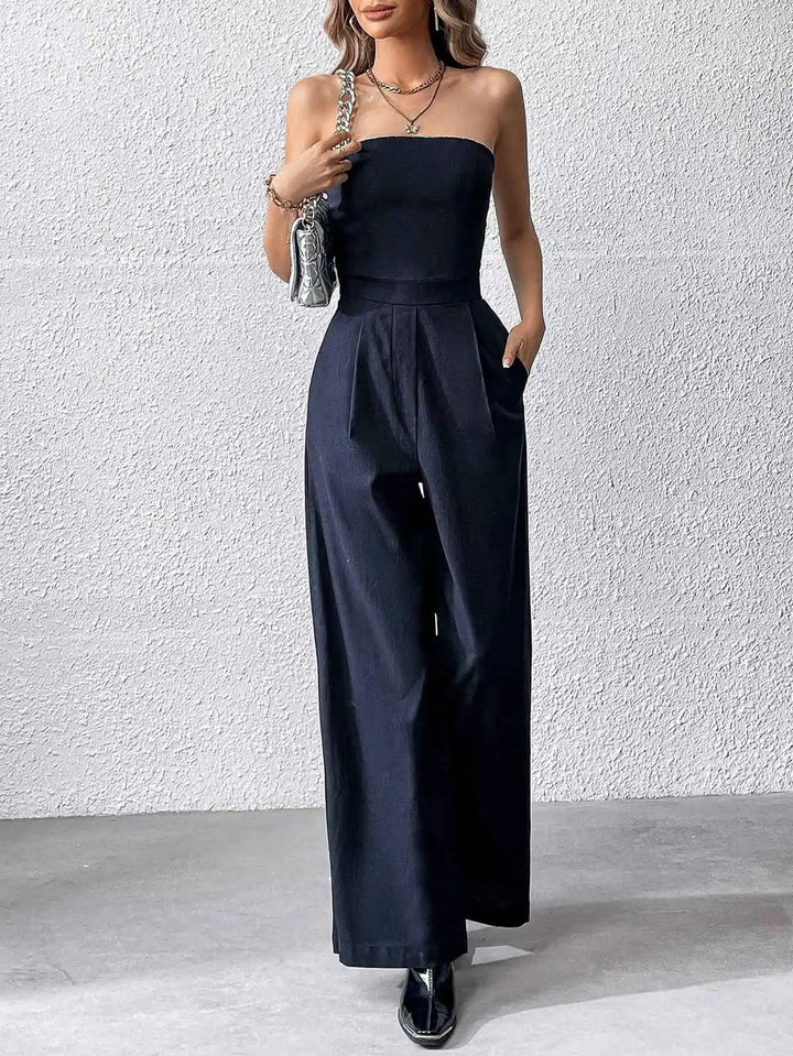 Herbst Trägerloser Schwarzer Jumpsuit