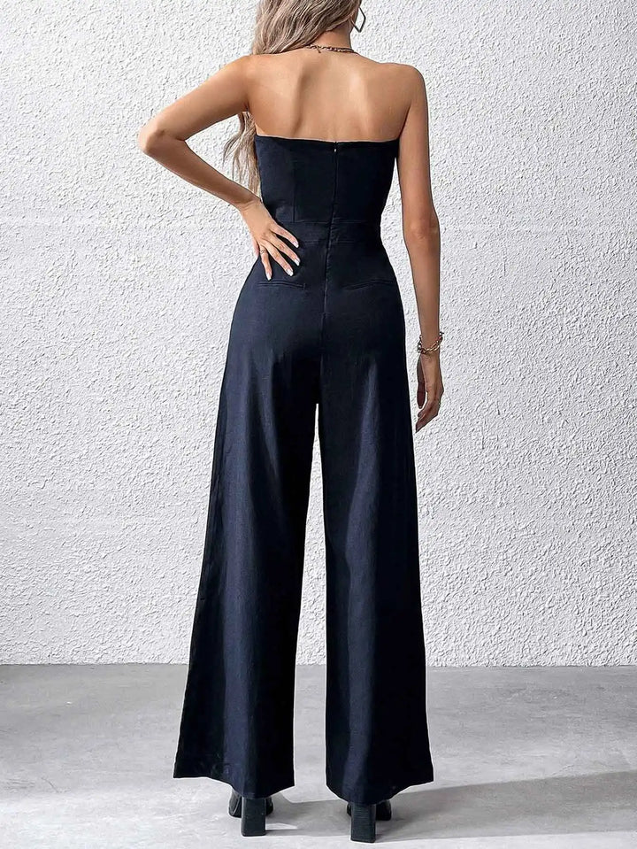 Herbst Trägerloser Schwarzer Jumpsuit