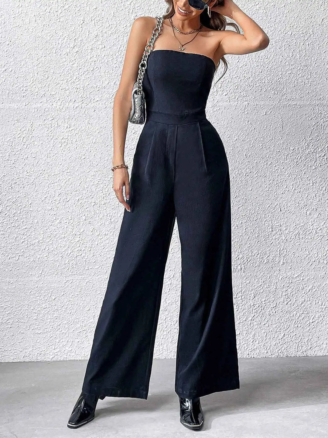 Herbst Trägerloser Schwarzer Jumpsuit