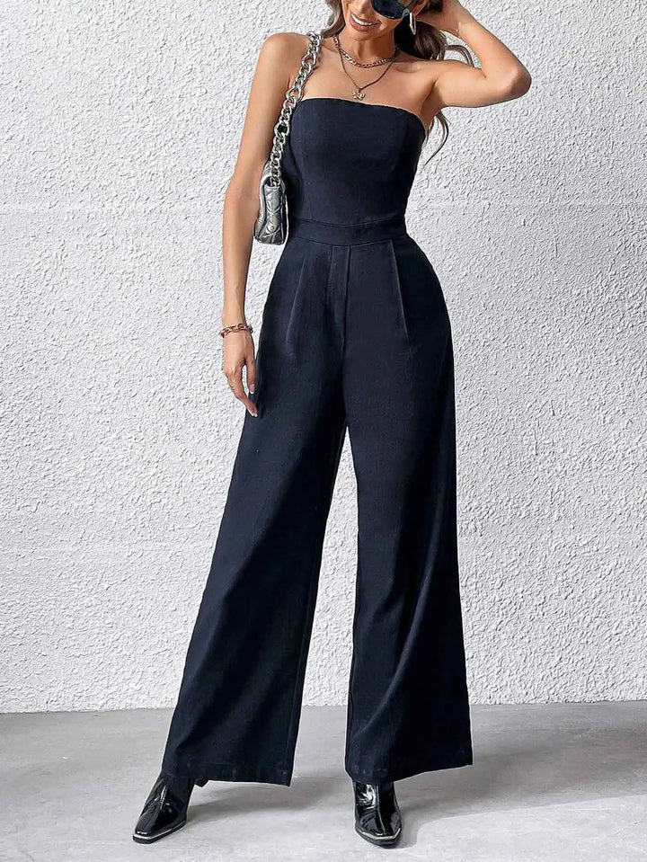 Herbst Trägerloser Schwarzer Jumpsuit