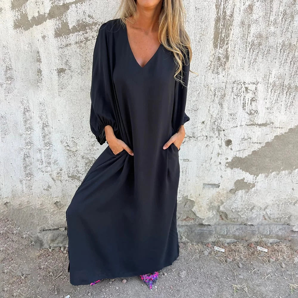 Lockeres Sommerkleid mit V-Ausschnitt und Laternenärmeln