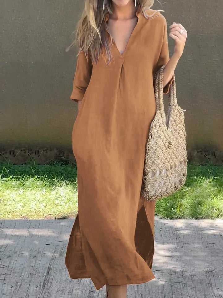 Sienna Solides Freizeitkleid mit V-Ausschnitt