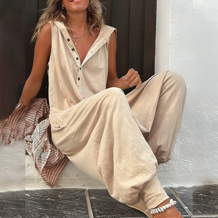 Boho ärmelloser Jumpsuit mit Kapuze